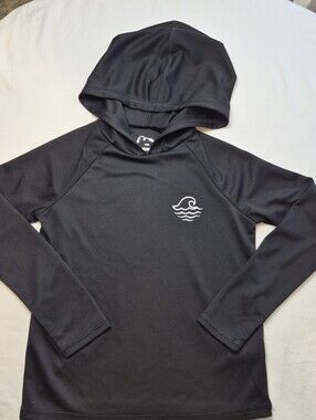 Kids Sz 8 Black Hooded Swim Rash Guard Top with Wave Logo Art Class